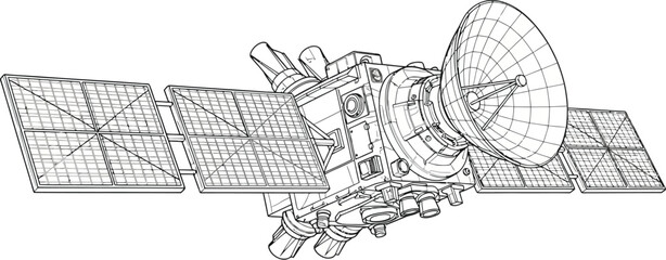 Detailed blueprint style rendering of a satellite with large solar panels © Tm Studio