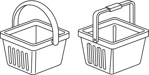 Simple line drawing of two empty square shopping baskets with handles displayed