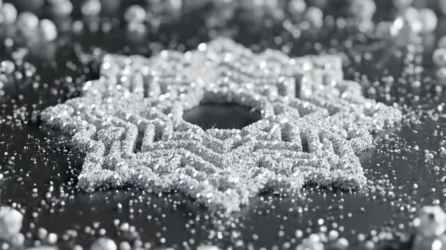 Microscopic white geometric particles slowly coalesce and lock together to reveal a complex, unseen pattern on a pristine surface minimalism, future, research