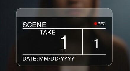 Digital  slate displays recording information in front of a blurred human figure
