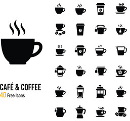 Café icons, coffee symbols, espresso visuals, tea elements, mug silhouettes, flat design, vector illustration
