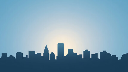 Naklejka premium Silhouette of a city skyline against a gradient blue sky, the sun is subtly visible in the background, casting a gentle glow over the cityscape. A minimalistic design, perfect for urban themes.