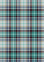 A seamless green and blue tartan plaid fabric texture features a geometric square gingham pattern and yellow vector lines for a decorative textile wallpaper backdrop
