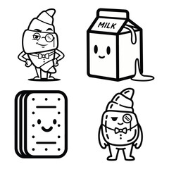 Simple Food Mascots Milk Biscuit Dessert Line Art