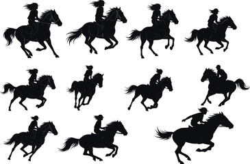 Horse riding silhouettes set, dynamic equestrian action poses, galloping rider vector illustration collection – flavector