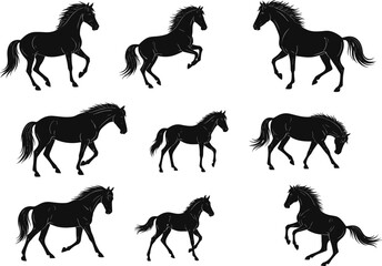 Horse silhouettes collection, galloping, trotting, rearing, walking, running, equine poses, animal motion, black shapes, flat vector