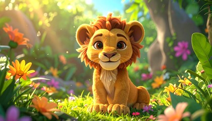 Cartoon Lion Cub in a Sunny Flower Field.