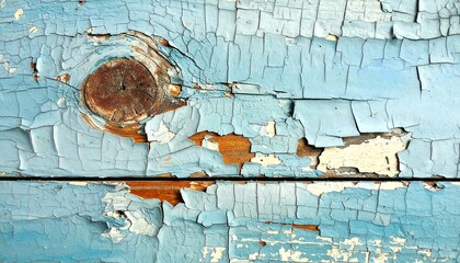 Close-up view of weathered wood planks featuring chipped blue paint and natural wood grain
