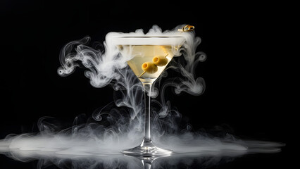 Elegant martini cocktail with olives and swirling smoke against a