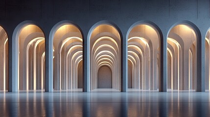 A long corridor with arched ceilings and glowing lights, creating a sense of depth and reflection. The architectural design features a minimalist aesthetic.