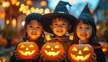 Children with carved pumpkins on Halloween.
