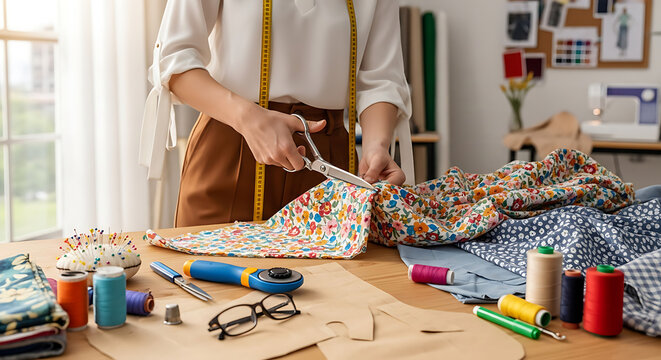 Creative sewing project A person cutting floral fabric with scissors for a garment