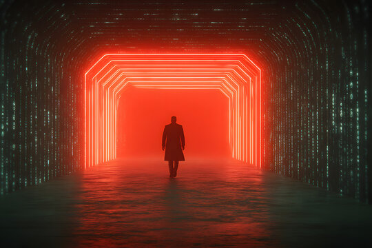 Silhouette of a businessman walking into a neon glowing tunnel with the year 2026 and binary code, representing the future of digital business and technology