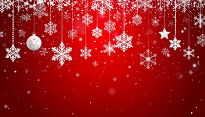 Christmas snowflakes and ornaments red background.