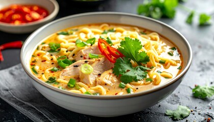 Chicken Ramen Noodle Soup with closeup shot.