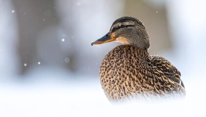 A close-up shot of a duck with brown and grey feathers in a snowy setting with soft focus