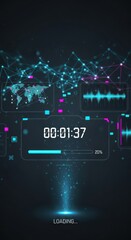 Fototapeta premium Digital interface displays system information including a timer, progress bar, and global network visualization