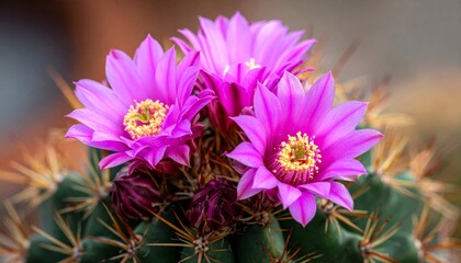 Close-up of a flowering cactus with vibrant pink blooms and spiky needles