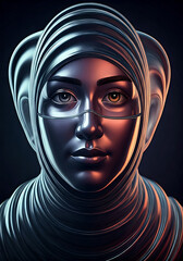 Futuristic woman with metallic skin and mesmerizing eyes, a symbol of innovation and technology, perfect for sci-fi projects and cutting-edge designs