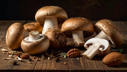 Close-up of fresh, raw, brown mushrooms on a rustic wooden table, culinary detail