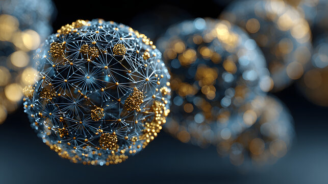 Uturistic wireframe christmas balls in low poly 3d style on blue background featuring glowing lines and digital festive decoration, perfect for modern merry christmas and new year 2026 banner design w