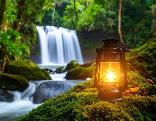 Illuminated lantern on mossy surface with blurred waterfall backdrop