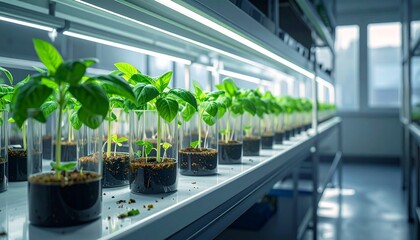 Basil plants growing under artificial lights.