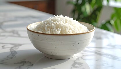 A close-up shot of a white bowl overflowing with fluffy, cooked grains on a marbled surface