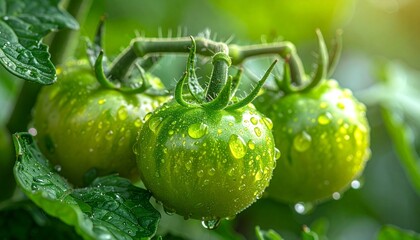 Close-up of green tomatoes growing on a vine, with water droplets on the surface