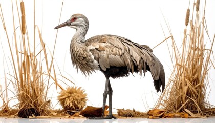 Crane bird standing among reeds with white background.