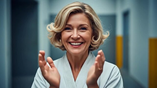 Smiling mature woman with blonde hair applauding enthusiastically in a brightly lit, modern hallway or clinic setting