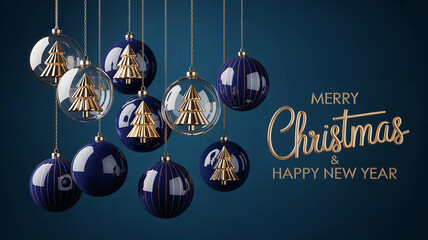 Merry Christmas and Happy New Year. Golden metallic text with hanging ornaments against blue background.