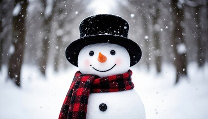 Cheerful Snowman Smiling in Winter Wonderland with Snowy Background