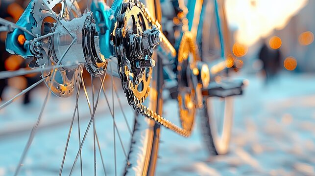 Close-up of a bicycle wheel covered in snow, with a blurred background and bokeh effect, creating a wintery atmosphere.
