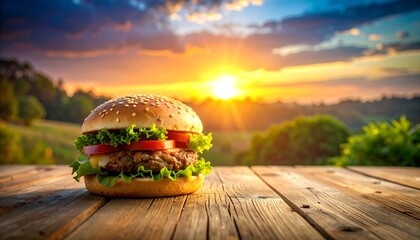 Burger on table with sunset view.