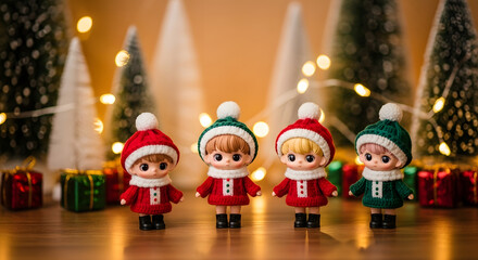 Four adorable Christmas dolls in red and green hats stand in a festive scene.
