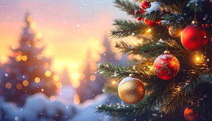 Christmas tree with ornaments and snow.