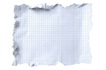 Torn graph paper sheet with blue grid lines isolated on transparent background