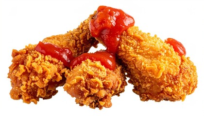Crispy fried chicken drumsticks with ketchup.