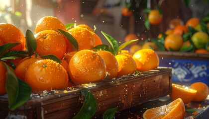 Close-up of ripe oranges arranged in a wooden box, with other citrus fruits and green leaves