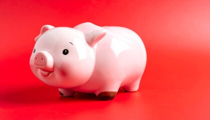A smiling, pastel pink ceramic piggy bank against a vibrant red backdrop