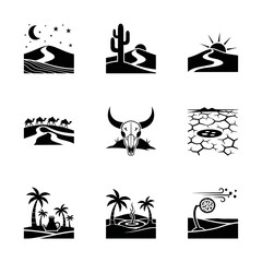 Captivating collection of desert scenes featuring camels, cacti, skulls, and oases perfect for travel or environmental themes