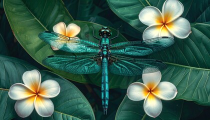Dragonfly and plumeria flowers on green leaves.