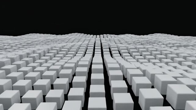 Repetitive pulsing white cubes moving in a complex synchronized geometric grid pattern creating an endless seamless loop concept, simple, pattern