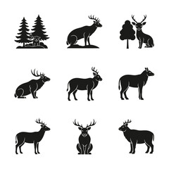 Stunning collection of elegant deer silhouettes in diverse poses and natural settings perfect for wildlife branding and design
