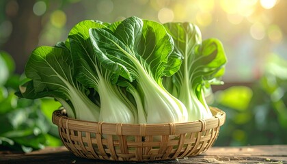 Close-up of fresh bok choy in a woven basket, bathed in natural sunlight