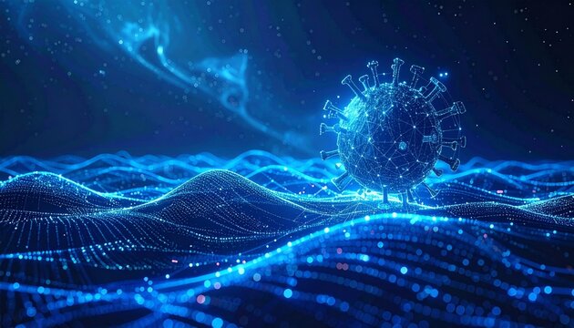 Digital virus structure in abstract blue waves.