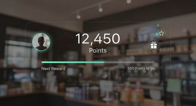 Digital loyalty program interface displays accumulated customer rewards points over a blurred retail background