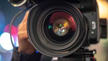Close-up view of a professional camera lens and part of the body, held by a person