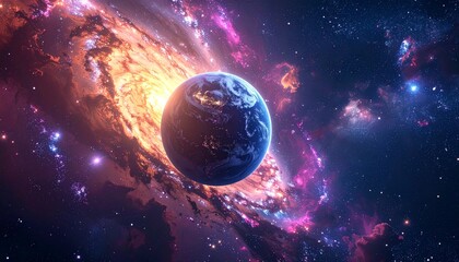 Earth in nebula and cosmic space scene.